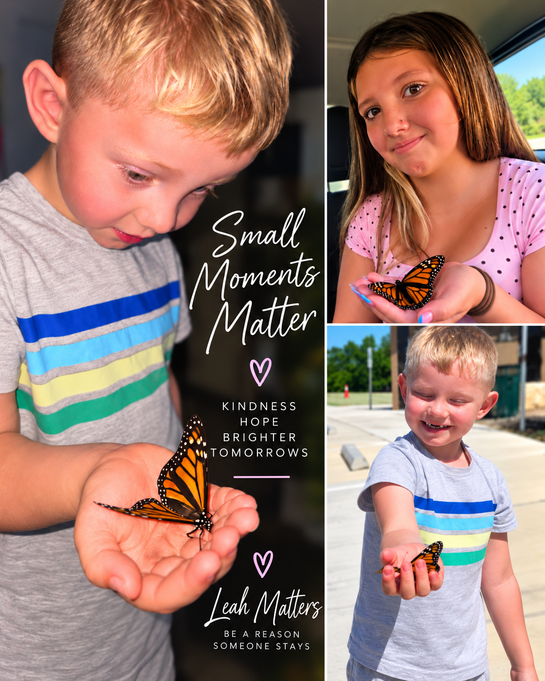 Tommy holding and watching a monarch butterfly, alongside a childhood photo of Leah holding a monarch